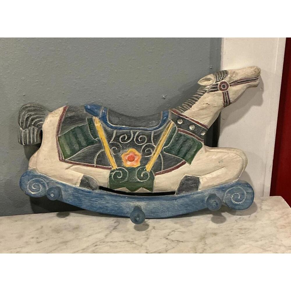 Vintage Hand-Painted Wooden Rocking Horse Wall Hooks Nursery Decor